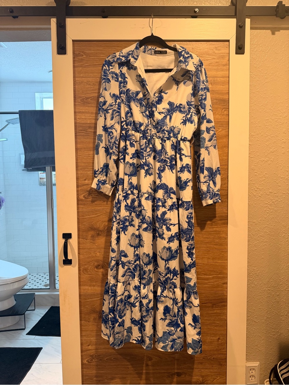 SHEIN White Maxi Dress with Blue Floral Print